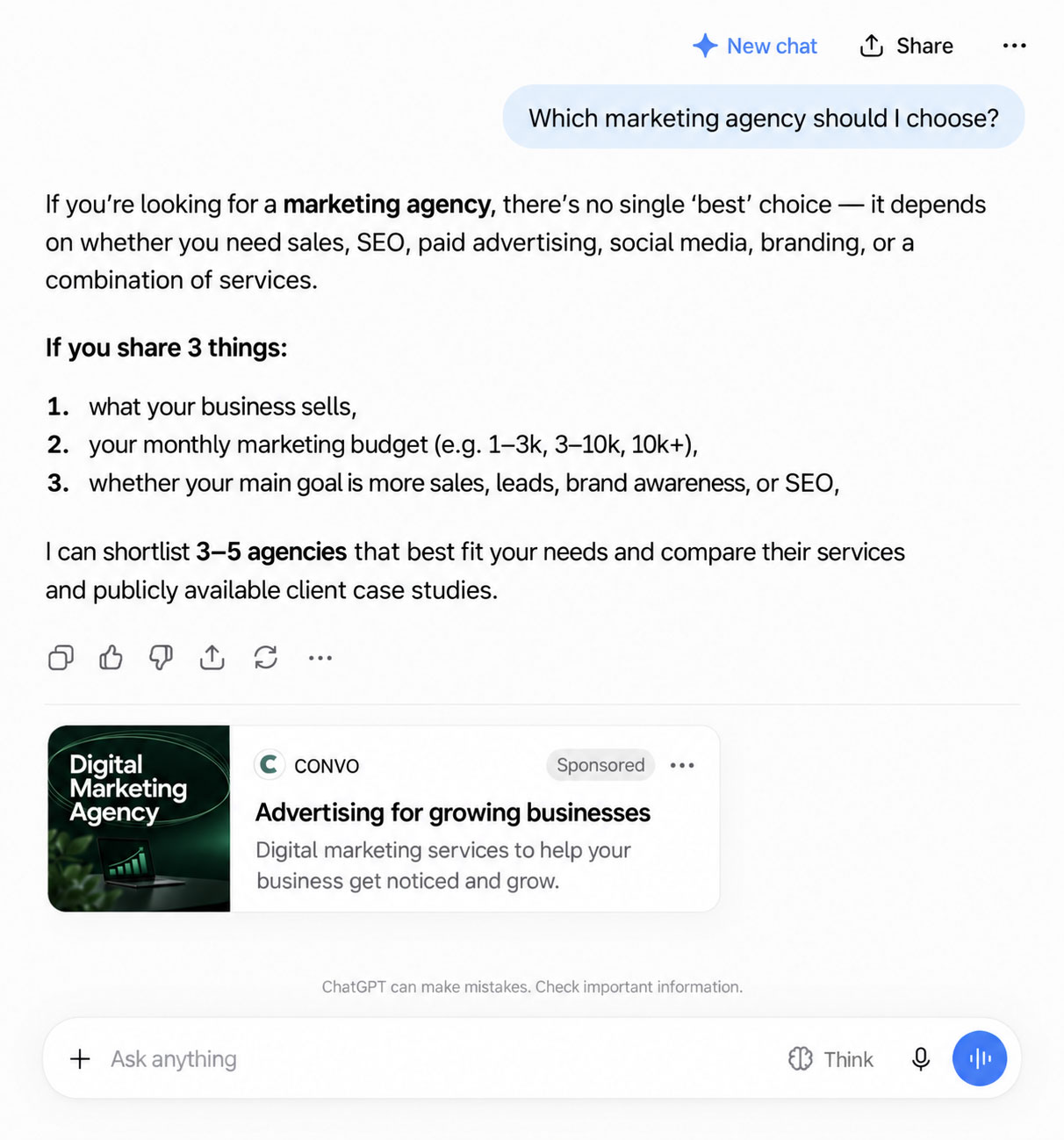 ChatGPT conversation featuring a sponsored Convo digital marketing agency ad below an AI-generated response about choosing a marketing agency.