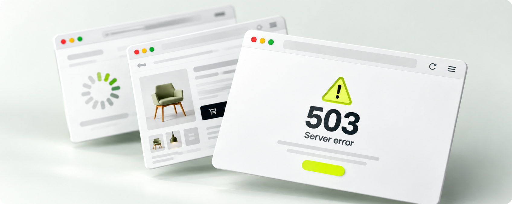 Naršyklės langai su įkeltomis svetainės produktų nuotraukomis ir 503 serverio klaidos pranešimu, simbolizuojančiu svetainės veikimo sutrikimus.